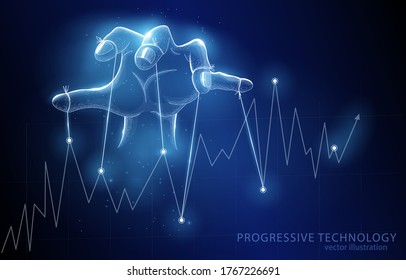 
Vector polygonal illustration concept, the puppeteer's hand controls the graph, on a dark blue background, symbolizes secret management, manipulation, influence, authority, in business.