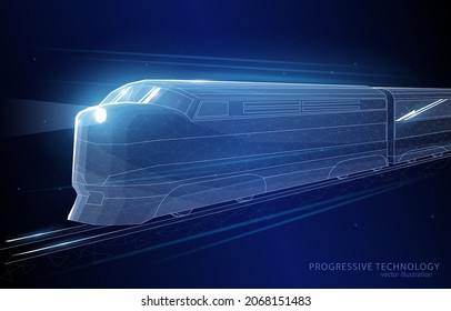 Vector polygonal illustration concept: riding train on a dark blue background, business, transport, logistics, tourism.