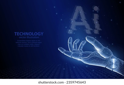 Vector polygonal illustration of the concept of a robot hand, with artificial intelligence, symbol of technology evolution, machine learning, neural network, data analysis.