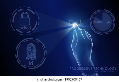 Vector polygonal illustration concept of scanning and identification of a person by fingerprint, on a dark blue background, technology development symbol.