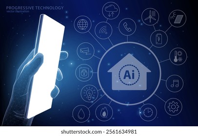 Vector polygonal illustration concept, smart home control using a smartphone, AI smart home, energy saving, renewable energy, comfort, safety, automation, futuristic, progressive technologies.