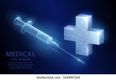 Vector polygonal illustration concept, syringe with medicine and 3D medical cross, on dark blue background, symbol of medicine and health protection.