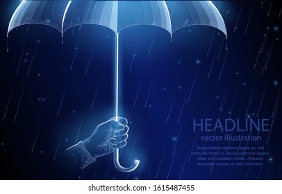 Vector polygonal illustration concept, umbrella in hand, on dark blue background, symbol of protection, patronage and weather