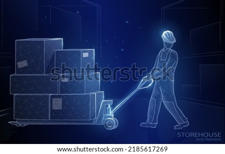 
Vector polygonal illustration concept of a warehouse worker moving cargo, on a dark blue background a symbol of mail, warehouse, logistics, delivery, or shop.