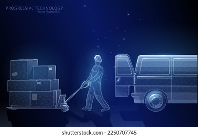 Vector polygonal illustration concept worker loading goods into delivery van symbol of delivery service transportation, mail logistics, business.