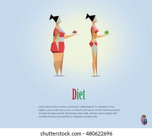 Vector polygonal illustration of diet, healthy lifestyle, daily routine. Diet. Choice of girls: being fat or slim. Bad habits. low poly style 