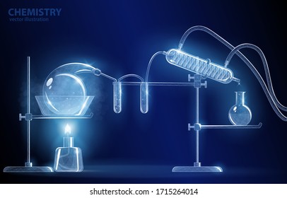 
Vector polygonal illustration of a distillation experiment concept, on a dark blue background, symbolizes science: chemistry, medicine, pharmacology, experiments, and discoveries.