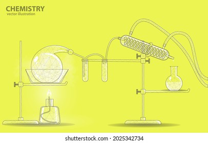 
Vector polygonal illustration of distillation experiment concept on yellow background symbolizes science: chemistry, medicine, pharmacology, experimentation and discovery.