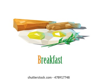 Vector polygonal illustration of english breakfast; fried eggs, sausages, toast, modern food icon, white background 