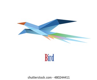 Vector polygonal illustration of flying bird, modern origami style icon, low poly bird isolated object, white background 