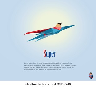 Vector polygonal illustration of flying super hero, origami style icon, modern cartoon super hero man character