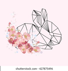 Vector polygonal illustration with geometric little bunny and flower pattern
. Origami style.