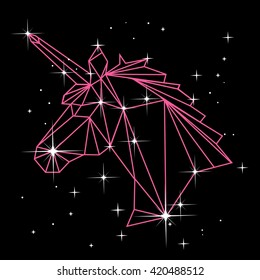 Vector polygonal illustration with geometric unicorn head with stars in constellation. Origami style.