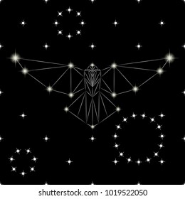 Vector polygonal illustration with a geometrical raven against the background of stars and constellations. New Minimalism. Origami style.