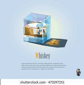 Vector polygonal illustration of glass of whiskey with ice 