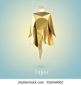 Vector polygonal illustration of gold super hero, origami style icon, modern cartoon super hero man character, business power symbol 