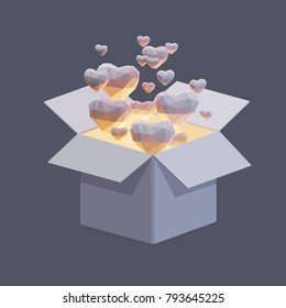 Vector polygonal illustration of hearts flying out from gift box.