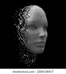 Vector polygonal illustration of a humanoid robot girl head disintegrate. Artificial intelligence taking human form. Human form disintegrating