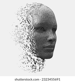 Vector polygonal illustration of a humanoid robot female head disintegrate. Artificial intelligence taking human form. Human form disintegrating