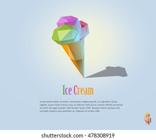 Vector polygonal illustration of ice cream on waffle cone, modern food icon 