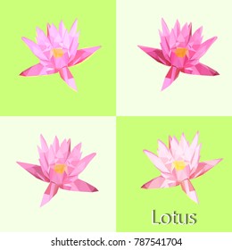 Vector polygonal illustration of lotus flower. Four examples. Pink hues.