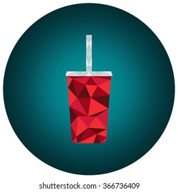 Vector polygonal illustration: low poly triangular red cup of cola with drinking straw