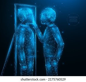 Vector polygonal illustration of a person who stands near a mirror and sees another person in the reflection. Imposter syndrome or schizophrenia, low poly design. Mental disorder concept.