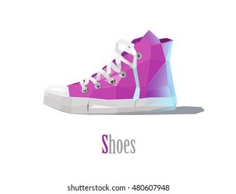 Vector polygonal illustration of pink sneakers, modern fashion icon, shopping object, white background 

