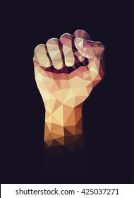 Vector polygonal illustration of raised up clenched male fist. Symbol of demonstration, revolution, protest, resistance and  freedom.