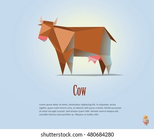 Vector polygonal illustration of red cow with milk, modern dairy products icon, low poly style 