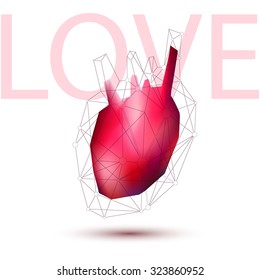 Vector polygonal illustration with red heart and love