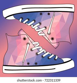 Vector polygonal illustration of running shoes gradient background