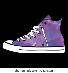 Vector polygonal illustration of sneakers, shopping object, black background