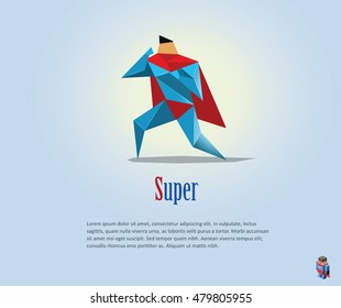 Vector polygonal illustration of super hero, origami style icon, modern cartoon super hero man character