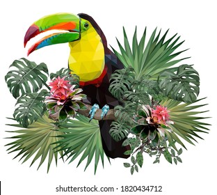 Vector Ilustración Polygonal de las aves toscanas y de las plantas amazónicas con fondo blanco.