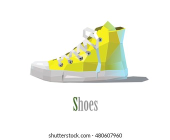 Vector polygonal illustration of yellow sneakers, modern fashion icon, low poly style 

