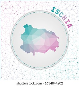 Vector polygonal Ischia map. Map of the island with network mesh background. Ischia illustration in technology, internet, network, telecommunication concept style. Radiant vector illustration.