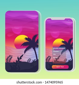 Vector polygonal landscape illustration 
beautiful beach in the afternoon with a silhouette of coconut trees. For Mobile aps,  vertical ads website, printed materials. Image Picture Background 
