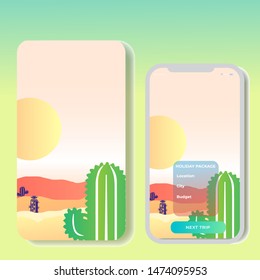 Vector polygonal landscape illustration 
during the day in the desert with cactus. For Mobile aps,  vertical ads website, printed materials. Image Picture Background 