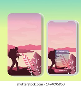 
Vector polygonal landscape illustration 
silhouette adventurer in the jungle. For Mobile aps,  vertical ads website, printed materials. Image Pict
