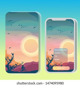Vector polygonal landscape illustration 
silhouette little boy biking with a dry tree in the morning. For Mobile aps,  vertical ads website, printed materials. Image Picture Background 