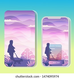 Vector polygonal landscape illustration 
someone's silhouette guides the pet dog in the woods to exercise in the morning. For Mobile aps,  vertical ads website, printed materials. image background