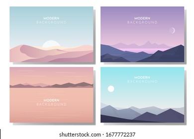 Vector polygonal landscape. Set with four flat illustrations. Minimalist graphic design for flyers, banners, background, coupon, voucher, gift card, illustration