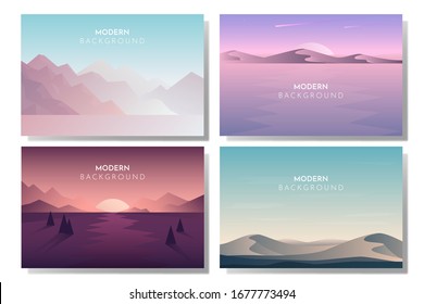 Vector polygonal landscape. Set with four flat illustrations. Minimalist style graphic design for flyers, banners, background, coupon, voucher, gift card, illustration