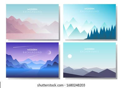 Vector polygonal landscape. Set with four flat illustrations. Minimalist style graphic design for flyers, banners, background, coupon, voucher, gift card, illustration