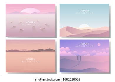 Vector polygonal landscape. Set with four flat illustrations. Minimalist style graphic design for flyers, banners, background, coupon, voucher, gift card, illustration