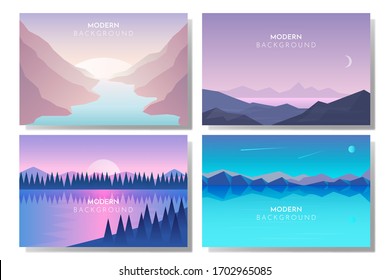 Vector polygonal landscape. Set with four flat illustrations. Minimalist style graphic design for flyers, banners, background, coupon, voucher, gift card, illustration