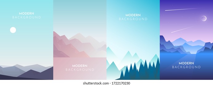 Vector polygonal landscape. Set with four flat illustrations. Minimalist style graphic design for flyers, banners, background, coupon, voucher, gift card, illustration