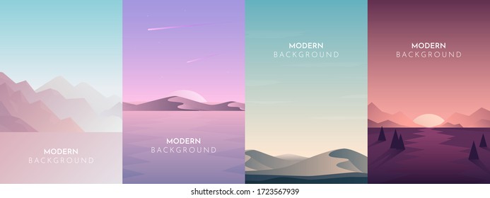 Vector polygonal landscape. Set with four flat illustrations. Minimalist style graphic design for flyers, banners, background, coupon, voucher, gift card, illustration