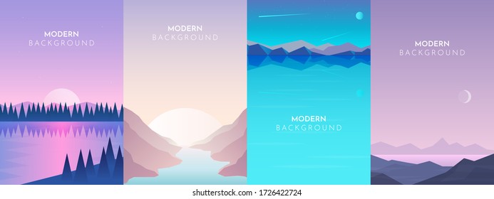 Vector polygonal landscape. Set with four flat illustrations. Minimalist style graphic design for flyers, banners, background, coupon, voucher, gift card, illustration 